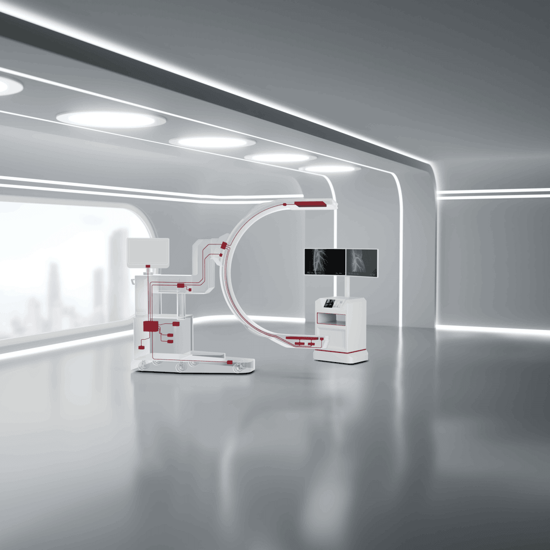 Ein modernes medizinisches Bildgebungsgerät mit gebogenen und rechteckigen Komponenten steht in einem eleganten, futuristischen Raum mit großen Fenstern und zwei Computerbildschirmen, die Röntgenbilder anzeigen.
