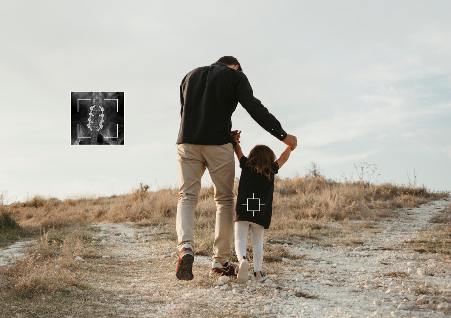 A man and child walk on a rocky path outdoors, holding hands. An overlay of a spine X-ray and a target mark highlights their lower backs, suggesting a focus on back health or pain.