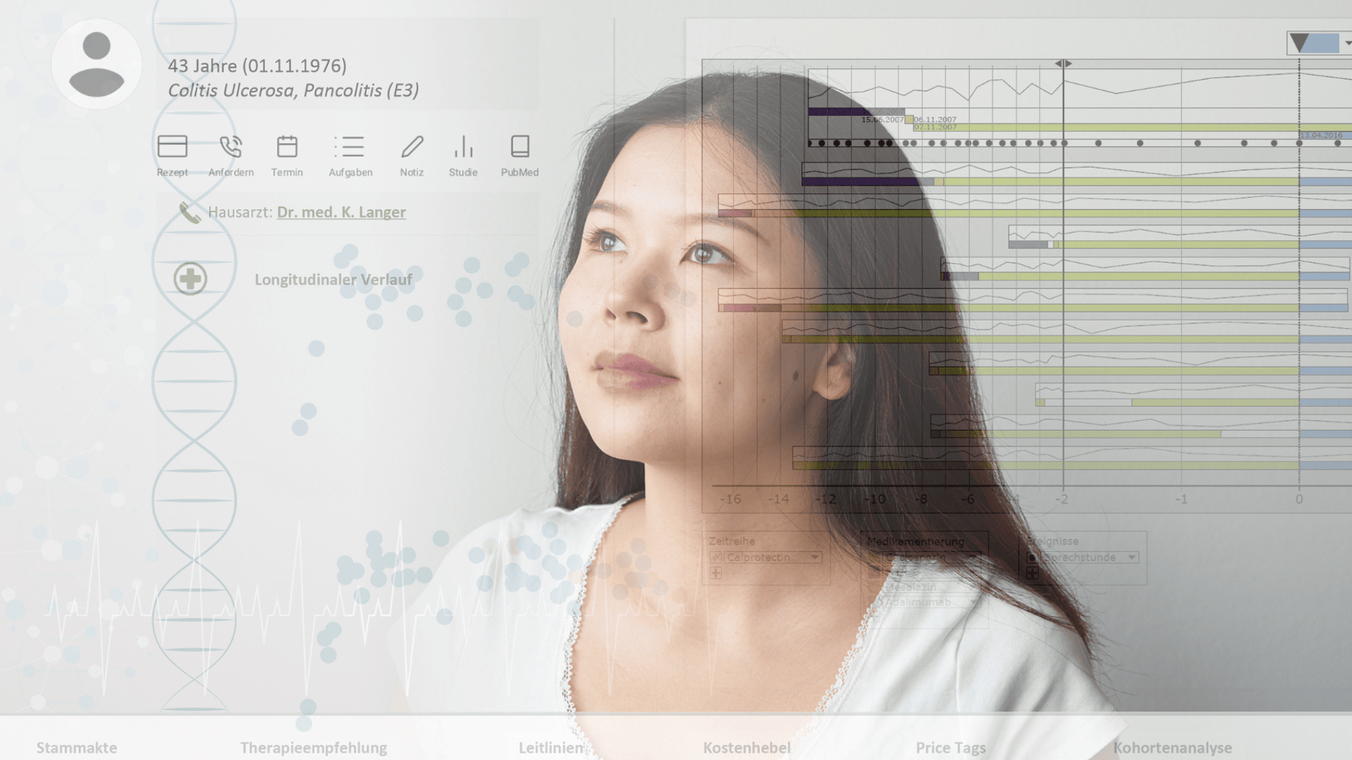 Eine Frau blickt nachdenklich nach oben, überlagert von medizinischen Daten, DNA-Strängen und Patienteninformationen, die Gesundheitsakten und digitale Gesundheitstechnologie darstellen.