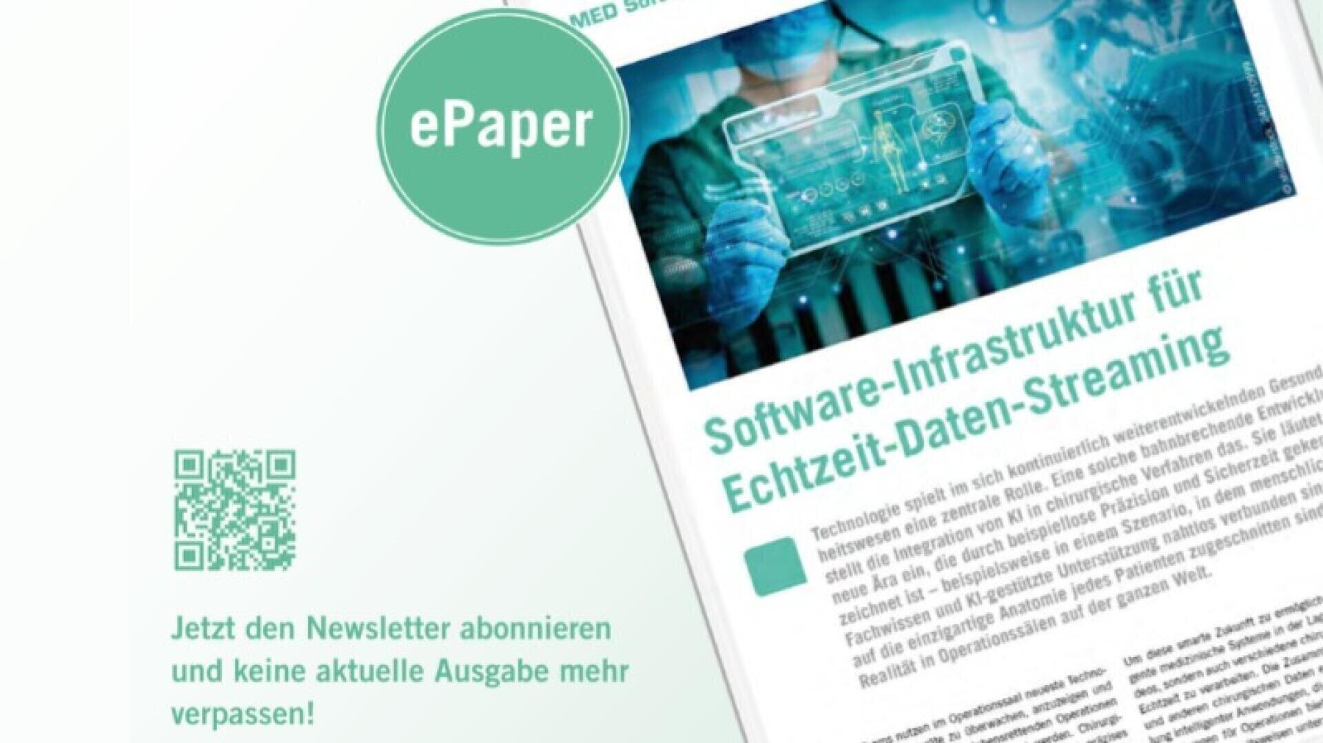 Ein digitales Tablet, das ein deutsches ePaper mit dem Titel Software-Infrastruktur für Echtzeit-Daten-Streaming mit dem Bild einer Person zeigt, die mit virtuellen Daten interagiert. Ein grüner ePaper-Badge und ein QR-Code befinden sich auf der linken Seite, der Text für das Abonnement darunter.