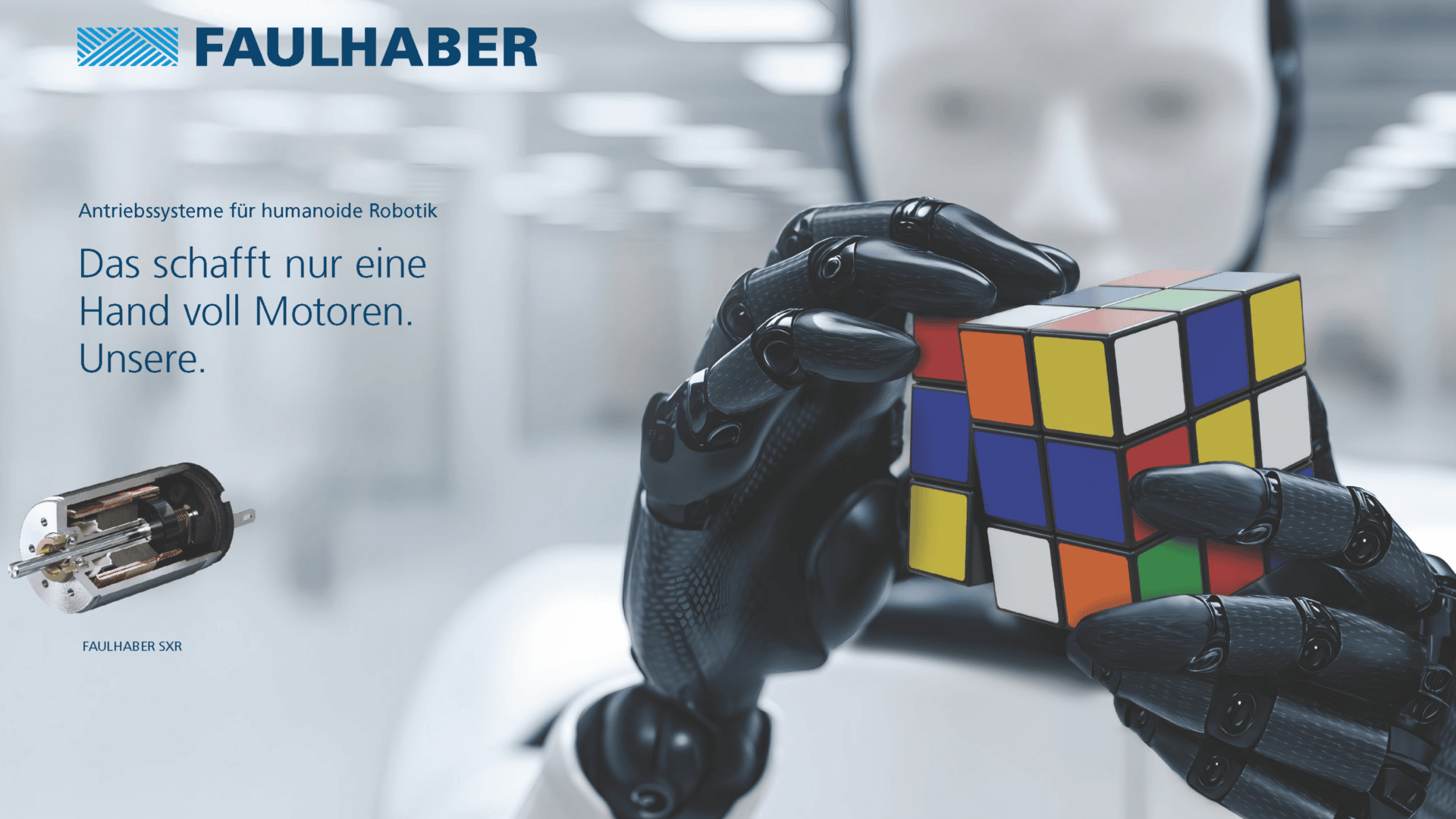 A humanoid robot with black fingers is solving a Rubiks Cube. The FAULHABER logo and German text about robotic drive systems appear on the left, alongside a small image of a motor.