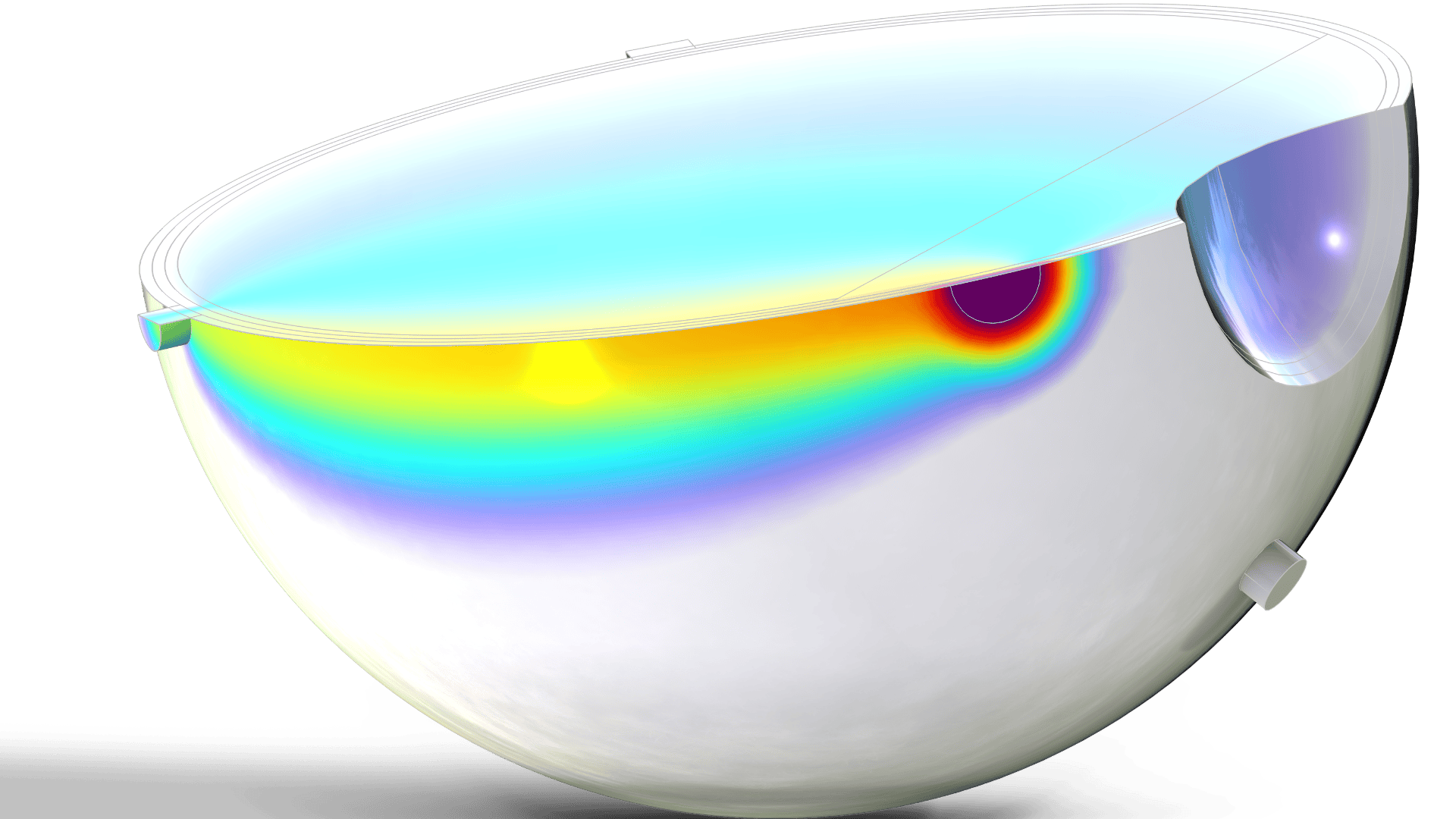 Eine 3D-Darstellung einer weißen, reflektierenden, halbkugelförmigen Schüssel mit einem regenbogenfarbenen Heatmap-Verlauf auf der Innenseite, der unterschiedliche Intensitäten anzeigt, und einer transparenten blauen Flüssigkeit, die die Schüssel teilweise füllt.