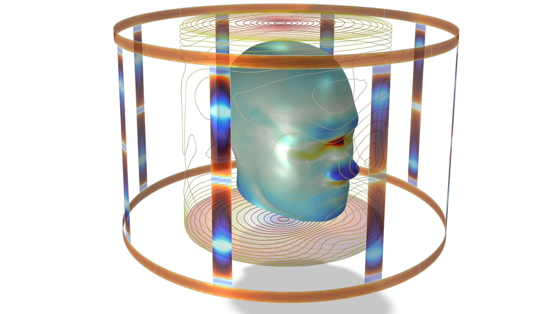 Ein halbtransparentes Modell eines menschlichen Kopfes in einem zylindrischen Rahmen mit bunten, wellenförmigen Konturlinien, die darum herum und hindurch wirbeln und eine wissenschaftliche oder medizinische Visualisierung darstellen.