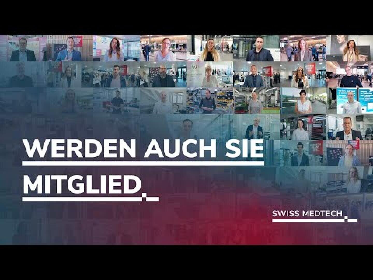 A collage of people in business situations appears above the bold German text "Become a member too", with the Swiss Medtech logo below.