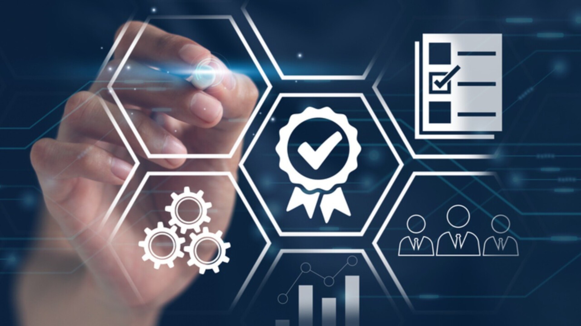 A hand touches a virtual screen displaying hexagons with icons, including a checkmark ribbon, checklist, gears, people, and bar graph, representing business quality, achievement, and management concepts.