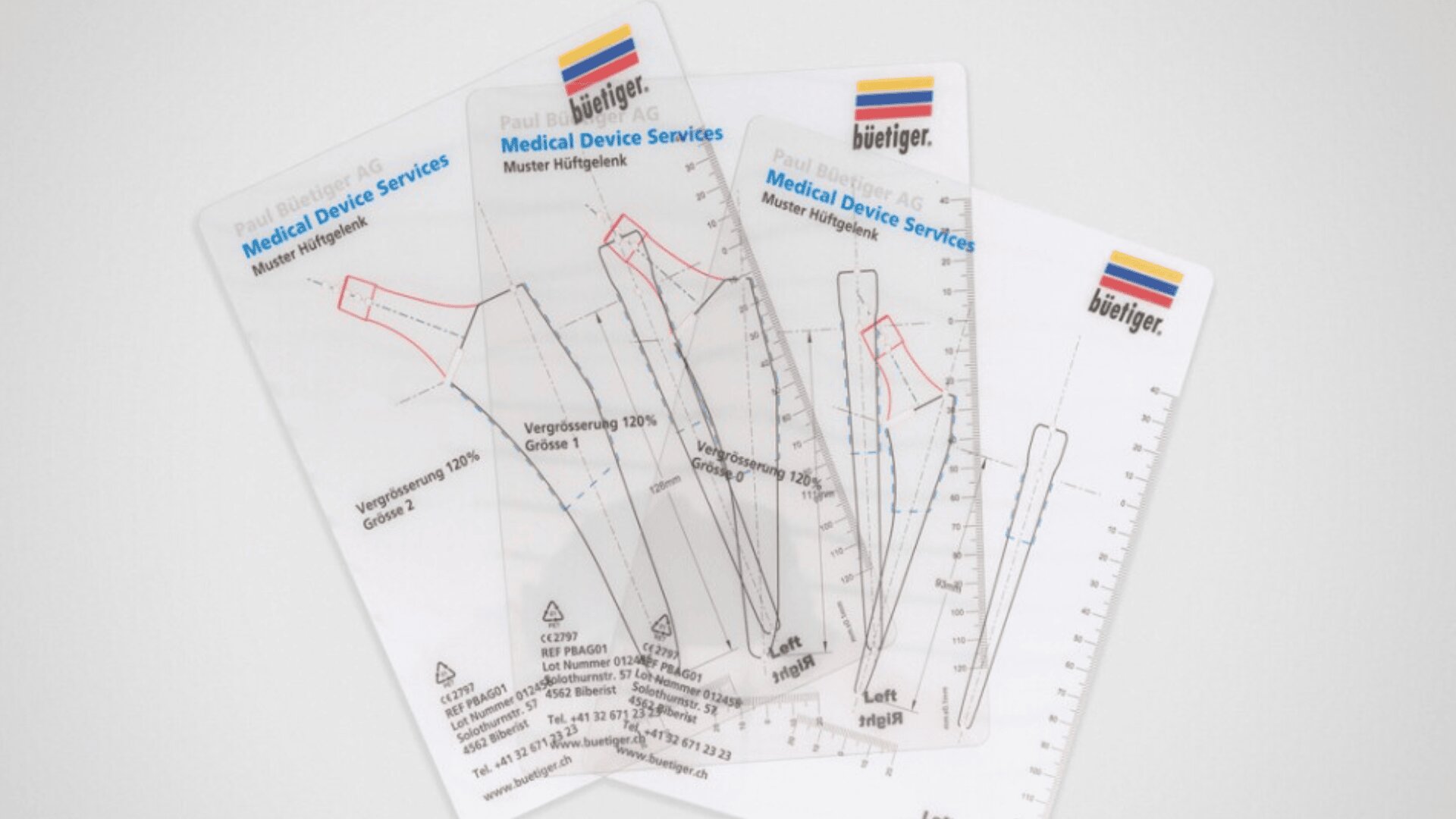 Four transparent medical measurement templates with labeled diagrams and text, used for medical device services by the company Buefiger, are shown overlapping on a white background.