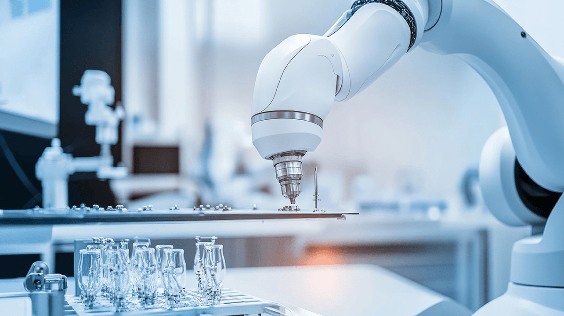 Ein Roboterarm arbeitet in einem Labor und handhabt Reagenzgläser auf einem Tablett mit Präzision. Die Szene ist sauber und modern und unterstreicht die fortschrittliche Automatisierung und Technologie in der wissenschaftlichen Forschung.