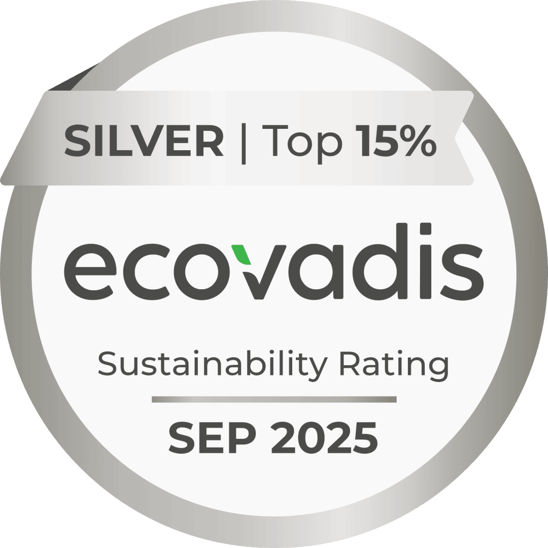 Ein kreisförmiges Abzeichen mit silbernem Rand und Band trägt oben die Aufschrift SILVER | Top 15%, in der Mitte das ecovadis Sustainability Rating und unten SEP 2025.
