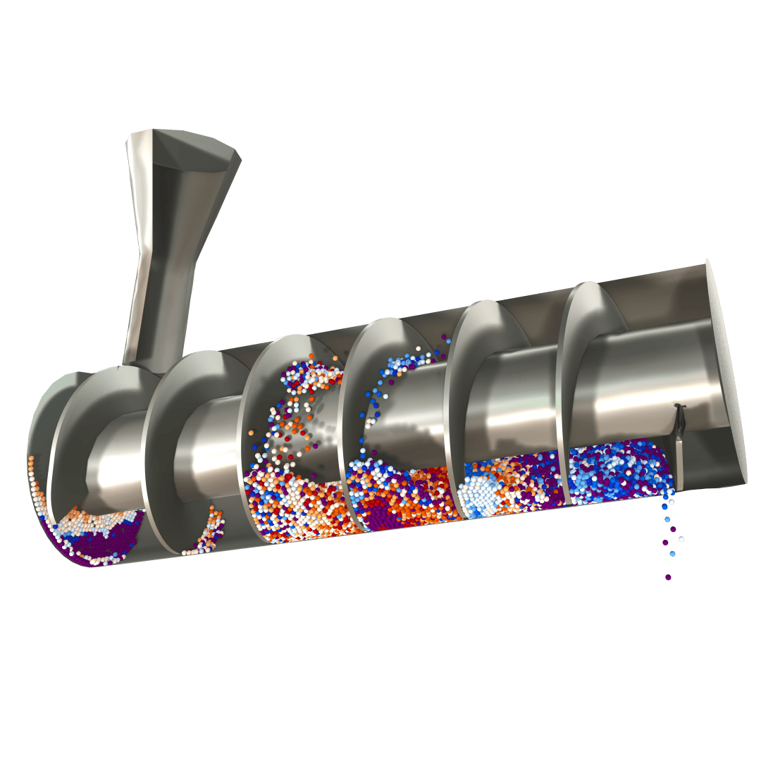 A 3D rendered illustration of a metal screw moving multicolored granules through segmented sections, with some granules exiting at the right end.