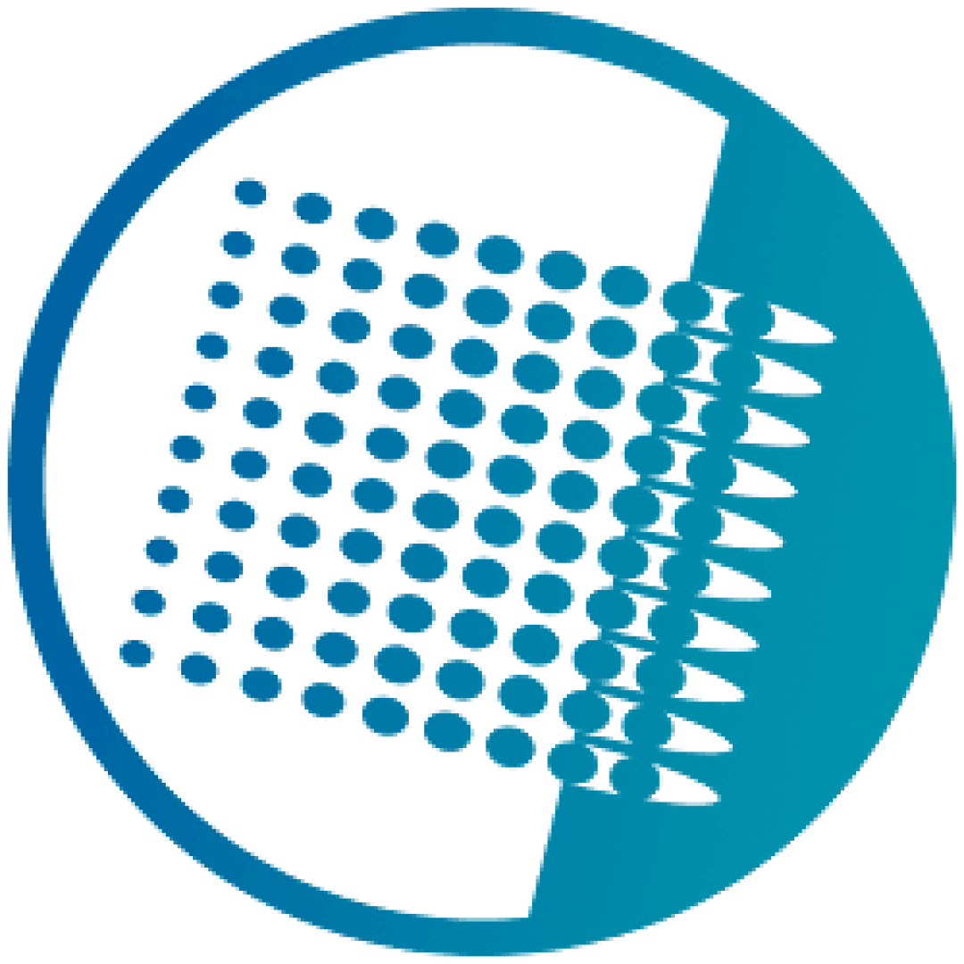 A blue circular icon with one half showing evenly spaced dots and the other half depicting elongated oval shapes, suggesting a transition or transformation between the two patterns.
