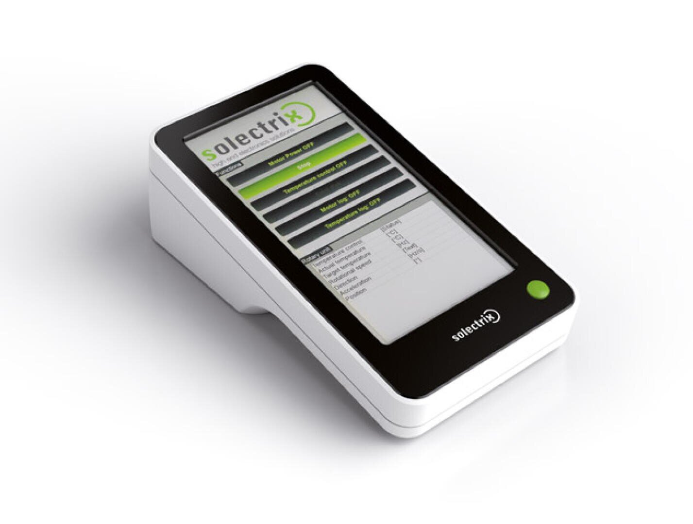 A handheld electronic device with a touchscreen displaying a user interface. The screen shows the logo solectrix and several selectable menu options. The device is white with a black front panel and a single green button.