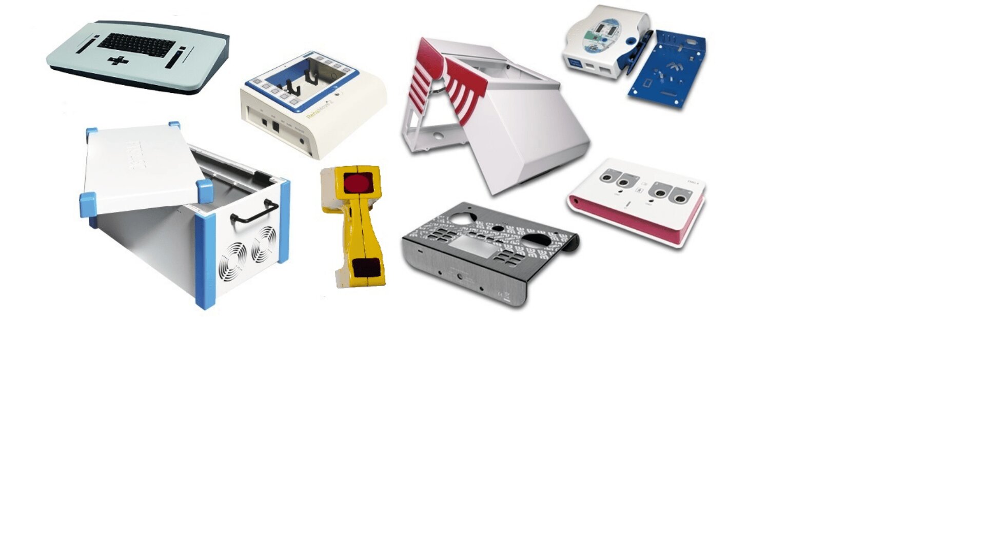 Eine Sammlung verschiedener elektronischer Kunststoff- und Metallgehäuse in verschiedenen Formen, Größen und Farben auf einem weißen Hintergrund.