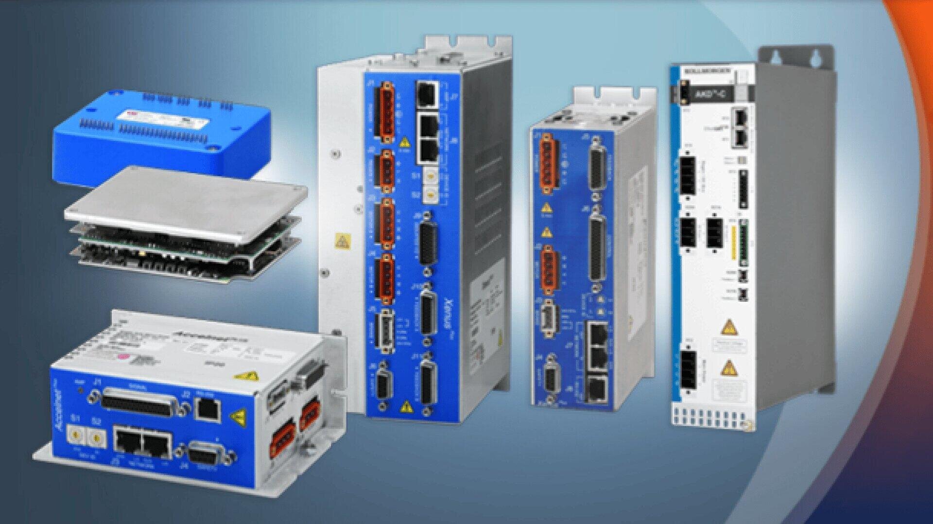 A group of industrial electronic devices, including blue and silver servo drives, motor controllers and circuit modules, are displayed on a blue and orange gradient background.