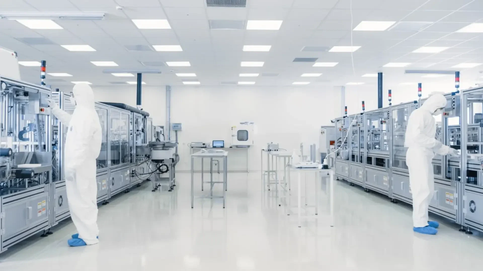 Zwei Personen in weißen Ganzkörper-Schutzanzügen arbeiten in einem sauberen, hellen Hightech-Labor mit fortschrittlichen Maschinen, Metalltischen und Computern in einer sterilen Umgebung.
