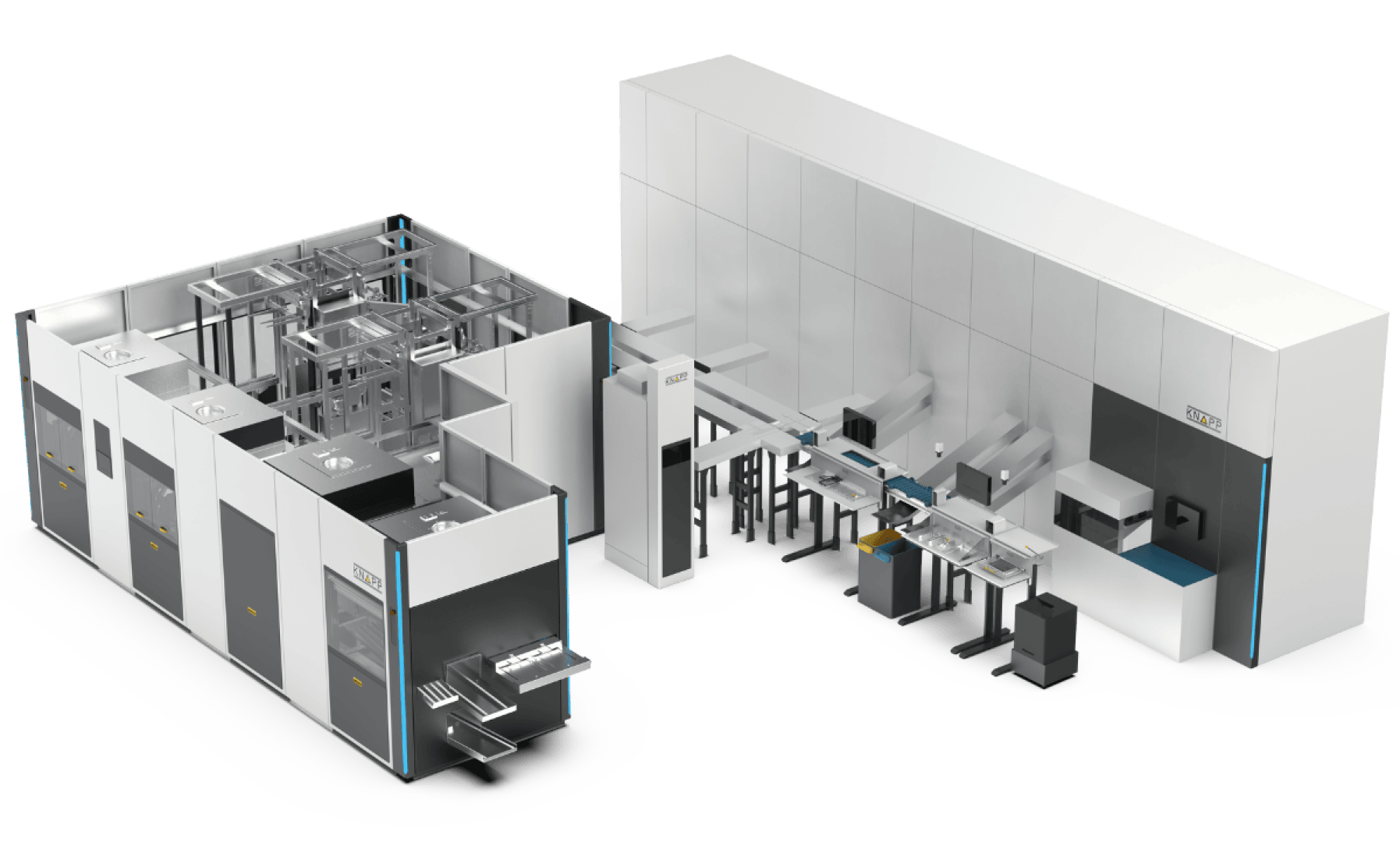 Ein großes, modernes, automatisiertes Industriemaschinensystem mit mehreren Fächern, Metallrahmen und Förderbändern, das für die fortschrittliche Herstellung oder Verarbeitung in einer sauberen Hightech-Umgebung konzipiert ist.