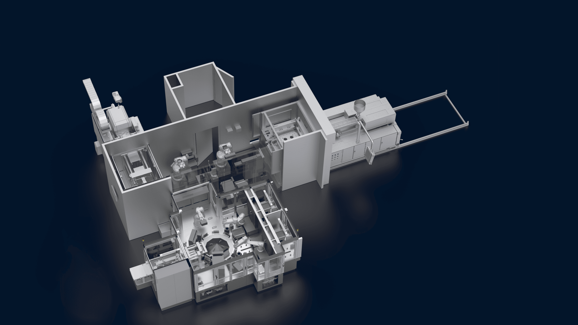 3D rendered image of an industrial manufacturing plant showing interconnected rooms and various large machines arranged in a complex structure on a dark blue background.