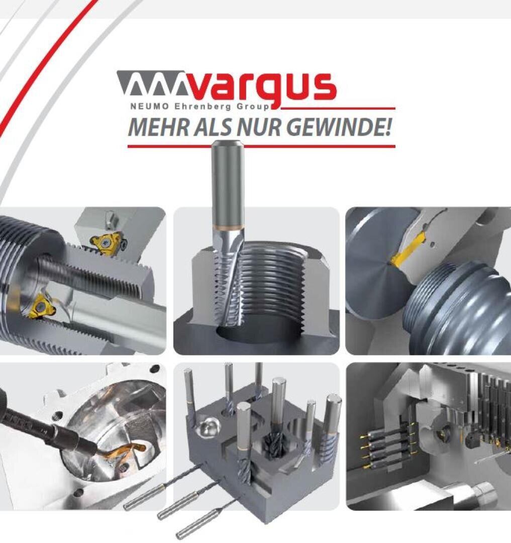 Collage von Metallbearbeitungswerkzeugen, die an Gewindeteilen arbeiten, mit dem Vargus-Logo und dem deutschen Text "Mehr als nur Gewinde!" Übersetzt: "Mehr als nur Gewinde!" Thema Metallbearbeitung und Feinmechanik.