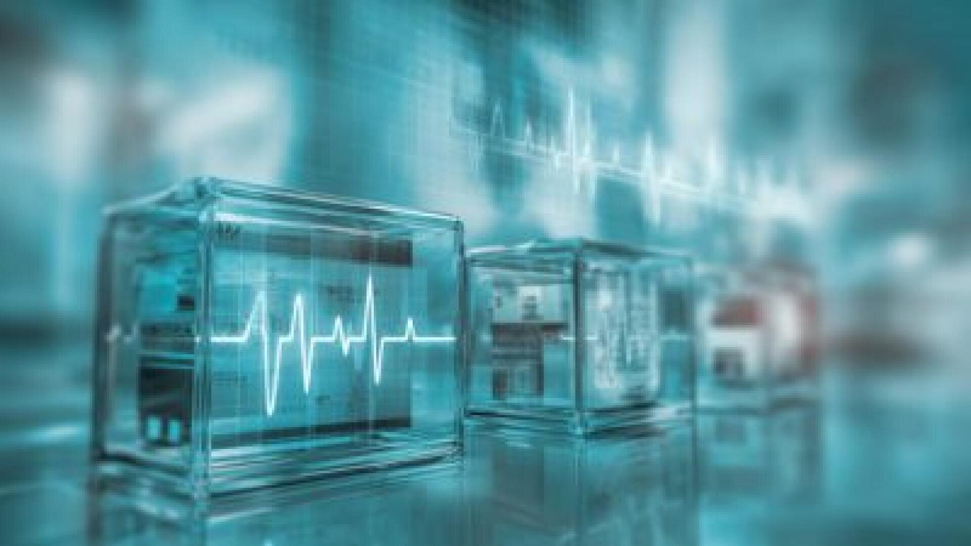 Glass cube with digital pulse lines against a blue high-tech background with faint electronic circuits and a large ECG waveform, reminiscent of medical technology or data analysis.
