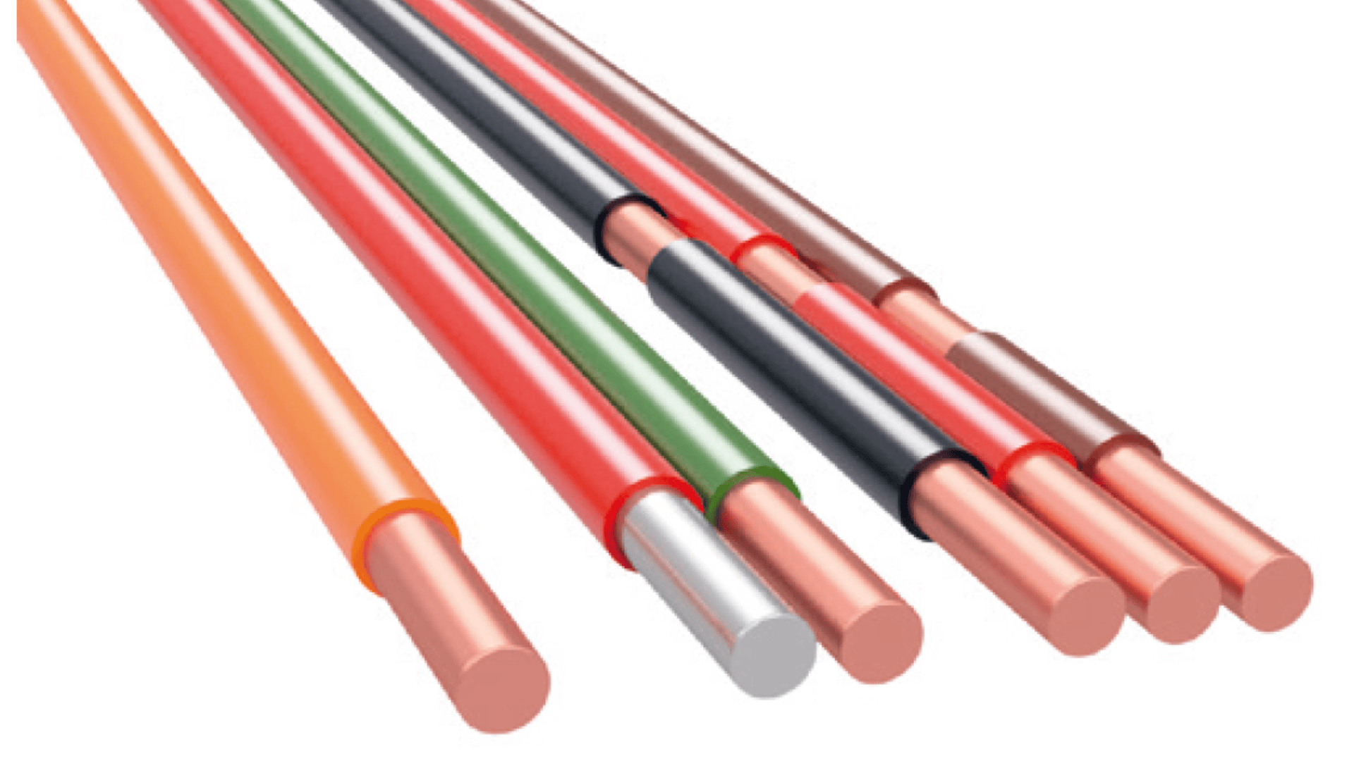Mehrere isolierte elektrische Drähte mit freiliegenden Kupferenden in verschiedenen Farben, darunter Rot, Orange, Grün, Schwarz und Braun, werden nebeneinander auf einem weißen Hintergrund dargestellt.