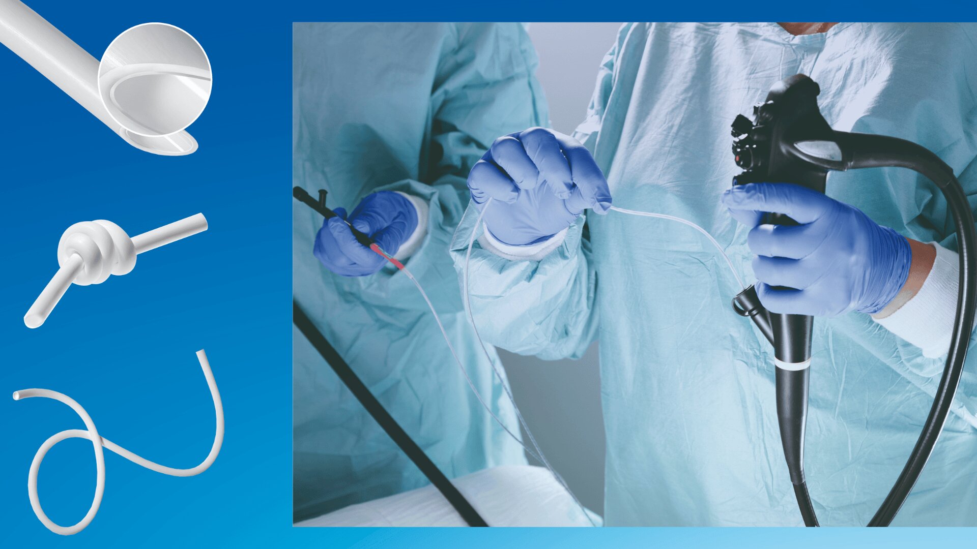 Zwei Mediziner in blauen Kitteln und Handschuhen führen eine Endoskopie mit medizinischen Instrumenten durch. Im Hintergrund sind Diagramme flexibler medizinischer Schläuche und Schleifen auf einem blauen Farbverlaufshintergrund zu sehen.
