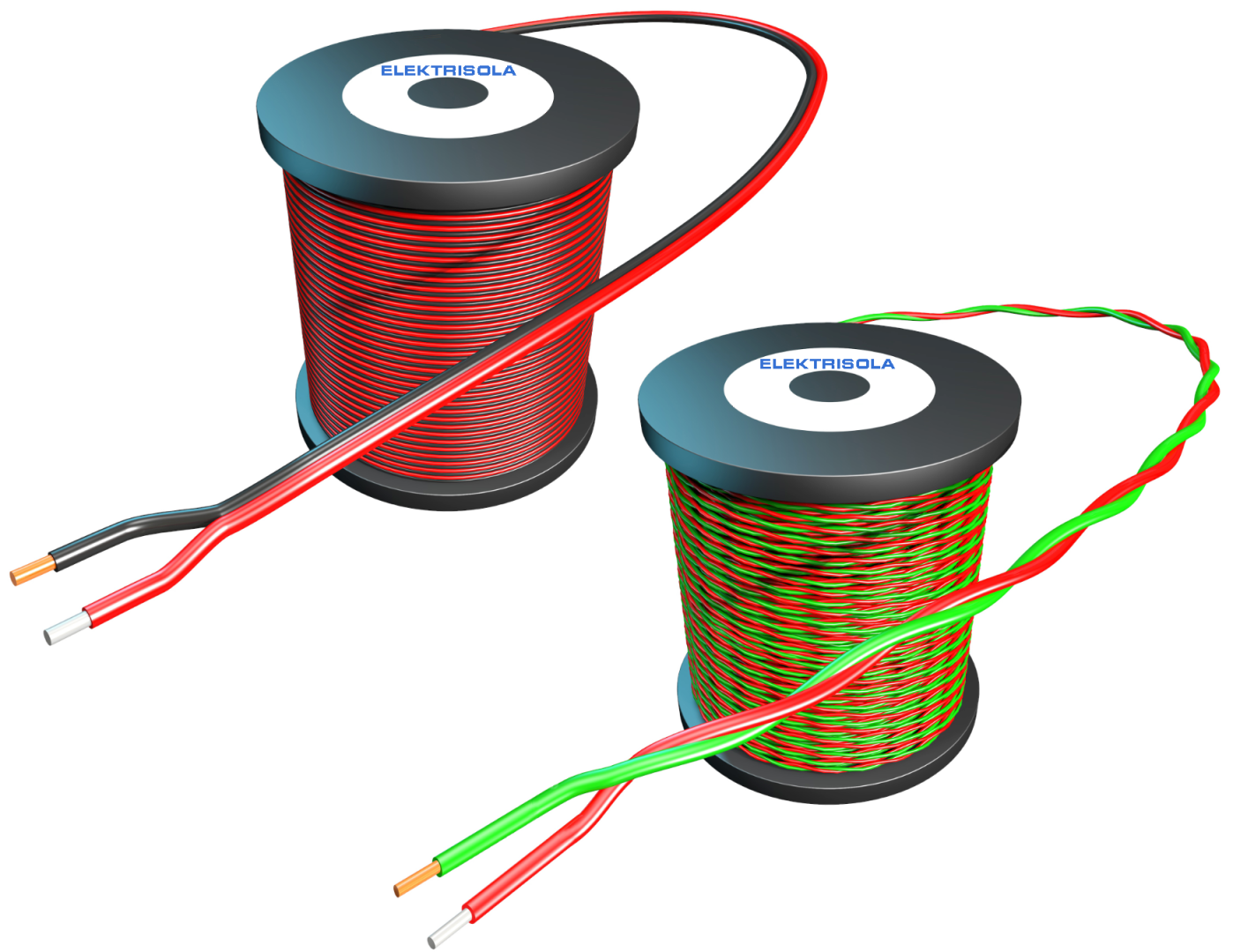 Zwei Drahtspulen mit der Aufschrift „Elektrisola“; eine mit rotem Draht und schwarzen Enden, die andere mit rot-grün verdrilltem Draht und passenden Enden. Bei beiden ragen Drähte aus den Spulen heraus.