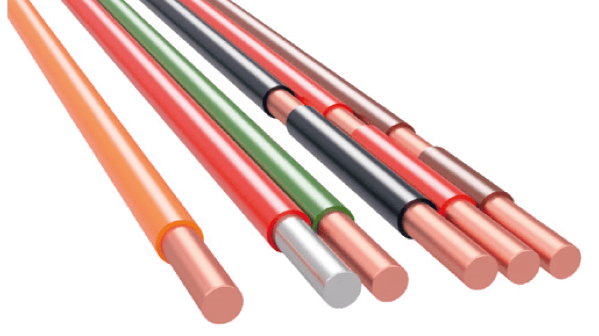 Several electrical wires with exposed copper ends and different colored insulation, including red, orange, green, black, and brown, are shown side by side on a white background.