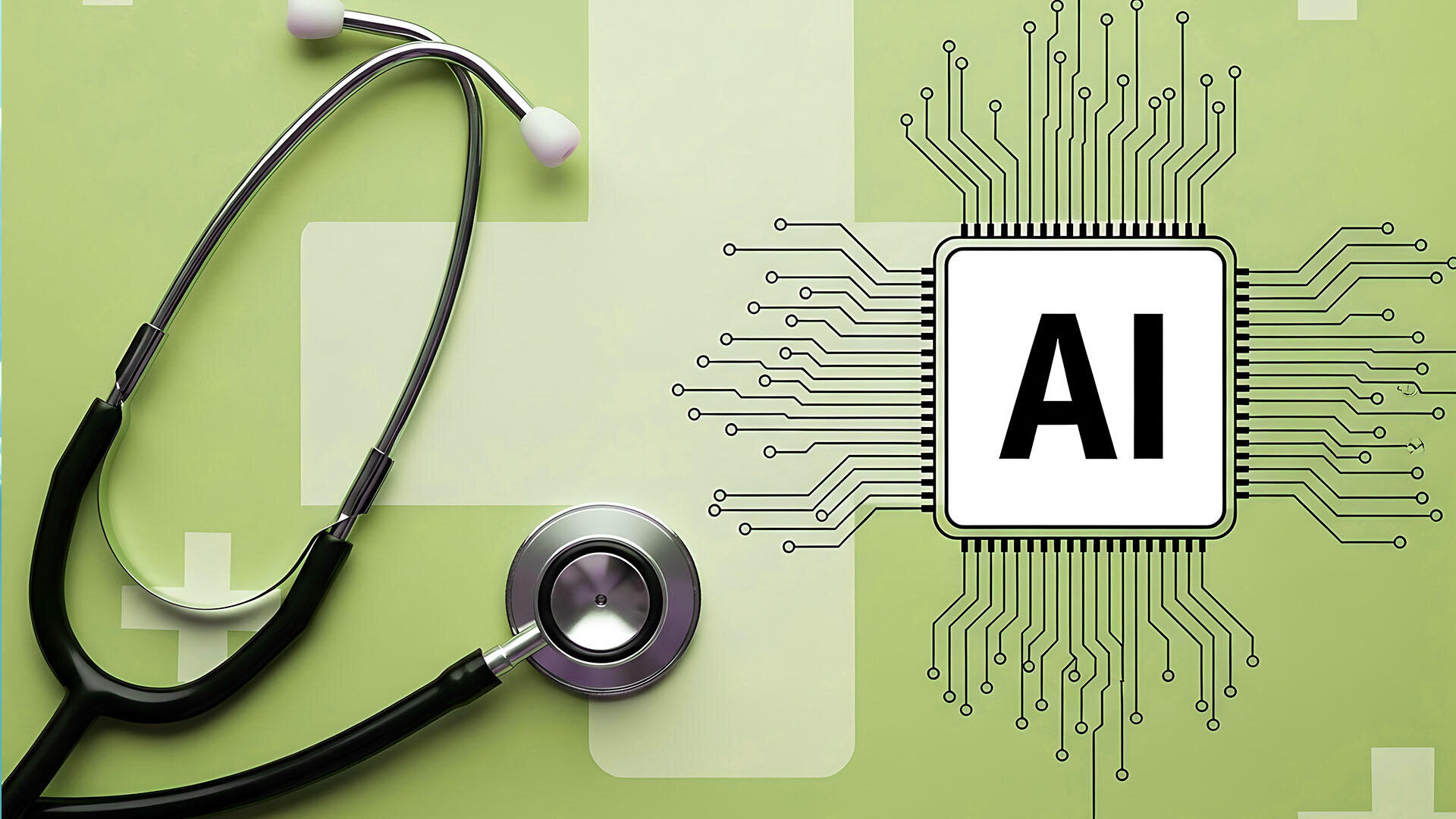 Ein Stethoskop liegt auf einer grünen Fläche neben einem Computerchip mit der Aufschrift AI, der die Integration der künstlichen Intelligenz in das Gesundheitswesen symbolisiert.