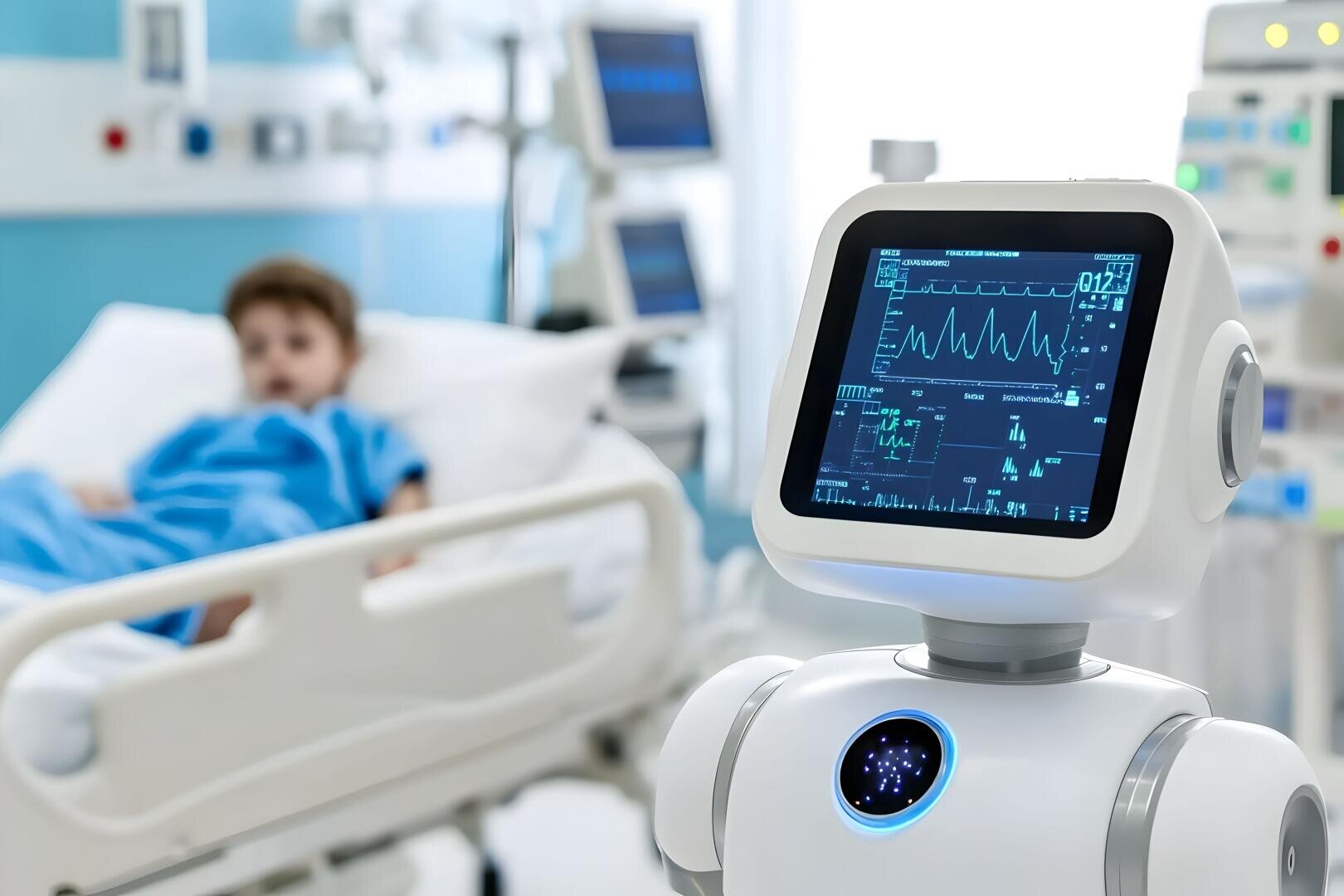 Ein Roboter mit einem Bildschirm, der medizinische Daten anzeigt, steht neben einem Krankenhausbett, in dem ein Kind in blauer Krankenhauskleidung liegt, was auf den Einsatz von Technologie im Gesundheitswesen hinweist.