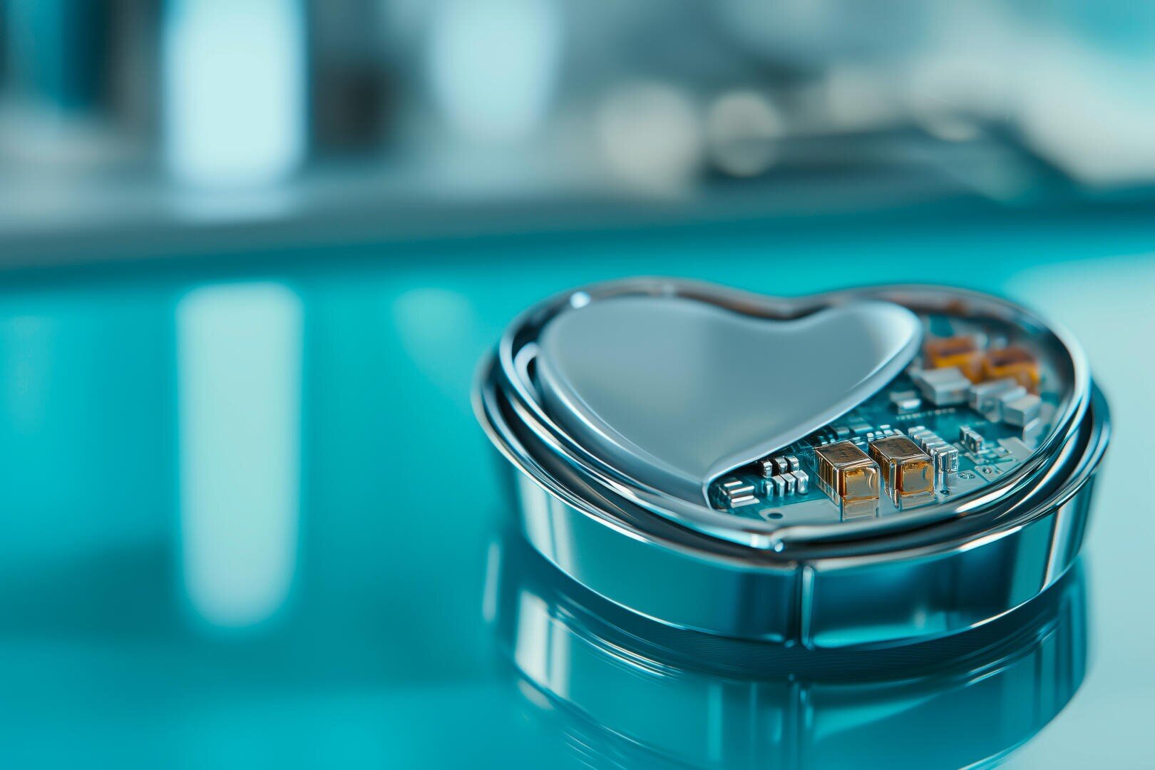 Nahaufnahme eines herzförmigen medizinischen Geräts, möglicherweise eines Herzschrittmachers, mit sichtbaren elektronischen Komponenten, das auf einer reflektierenden blauen Oberfläche ruht. Der Hintergrund ist unscharf und hebt das Gerät hervor.