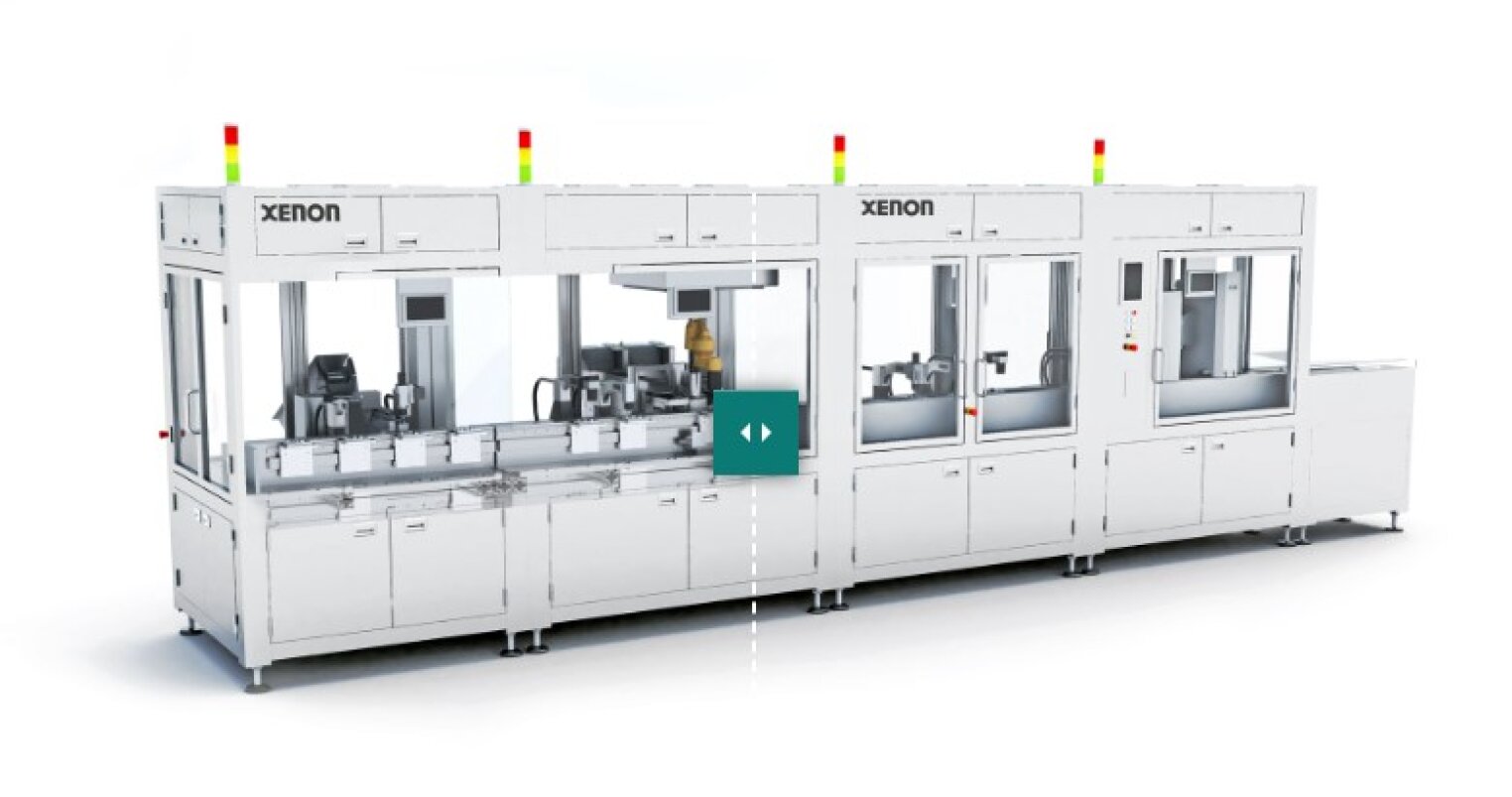 A white automated industrial machine with glass panels, labeled XENON, featuring robotic arms and control lights on top, designed for manufacturing or assembly line processes.